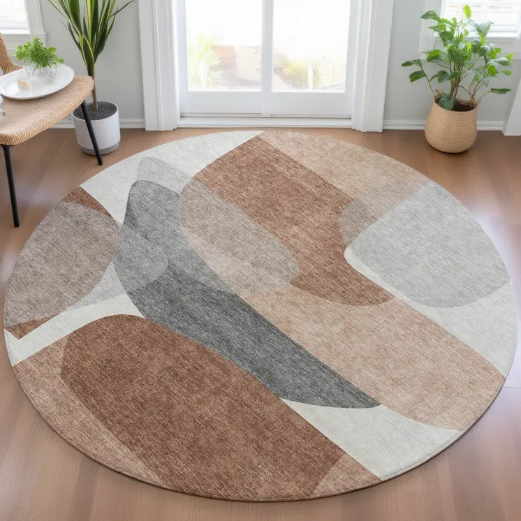 8' Rust And Gray Round Abstract Washable Indoor Outdoor Area Rug