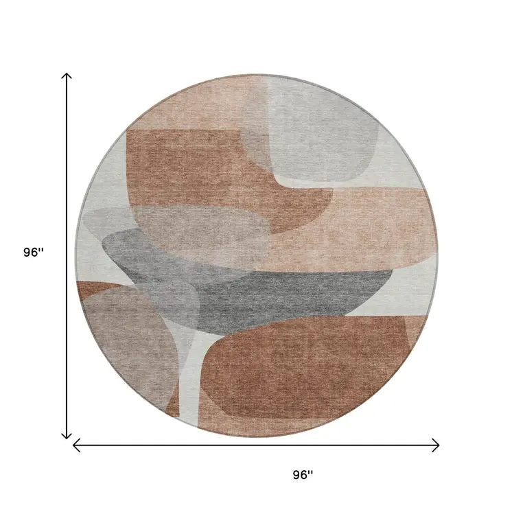 8' Rust And Gray Round Abstract Washable Indoor Outdoor Area Rug