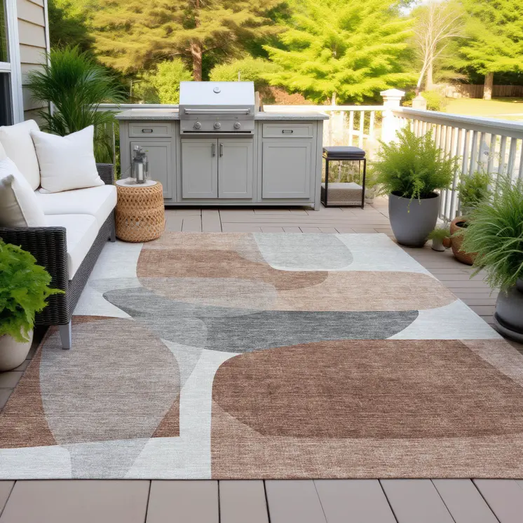 10' X 14' Rust And Gray Abstract Washable Indoor Outdoor Area Rug