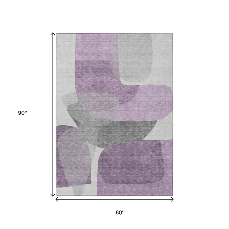 5' X 8' Purple And Gray Abstract Washable Indoor Outdoor Area Rug