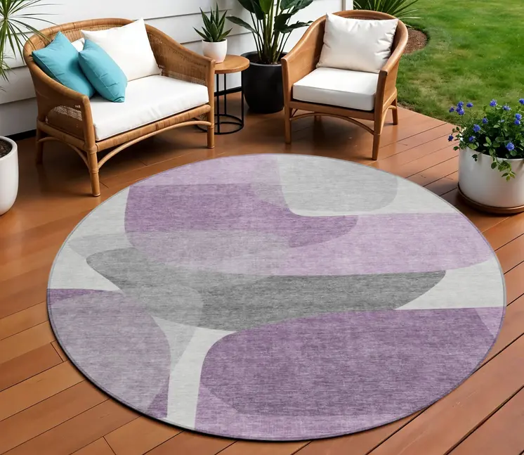 8' Purple And Gray Round Abstract Washable Indoor Outdoor Area Rug