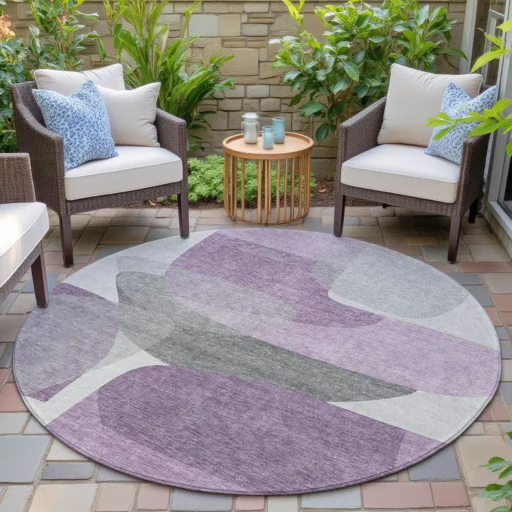 8' Purple And Gray Round Abstract Washable Indoor Outdoor Area Rug