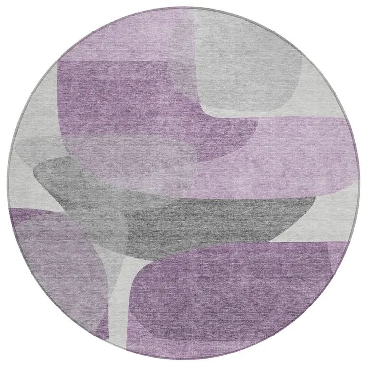 8' Purple And Gray Round Abstract Washable Indoor Outdoor Area Rug