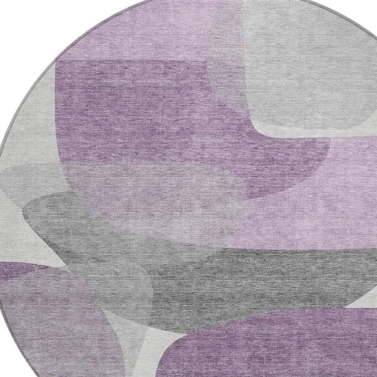 8' Purple And Gray Round Abstract Washable Indoor Outdoor Area Rug