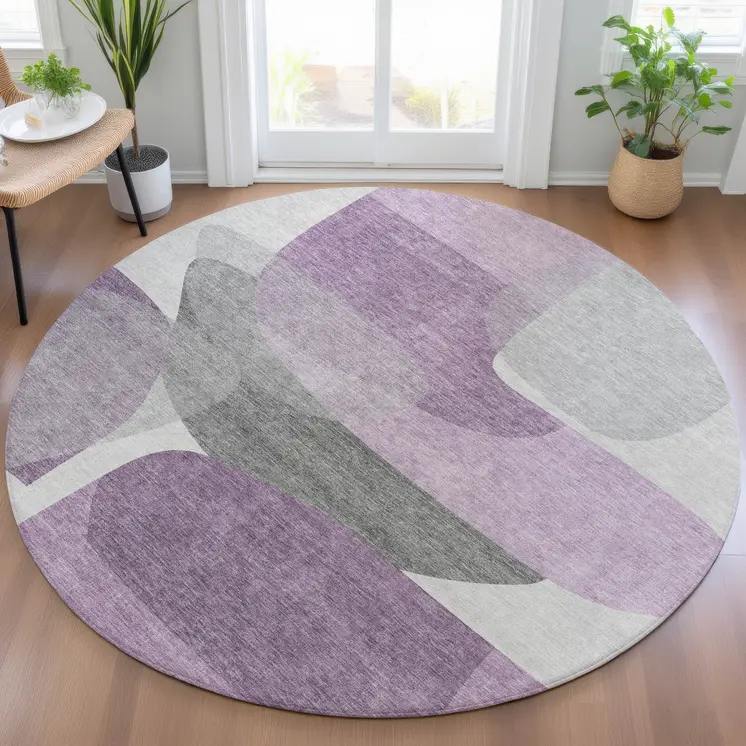 8' Purple And Gray Round Abstract Washable Indoor Outdoor Area Rug