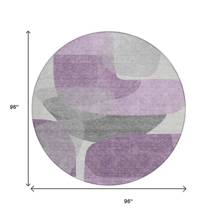8' Purple And Gray Round Abstract Washable Indoor Outdoor Area Rug