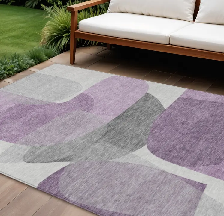 9' X 12' Purple And Gray Abstract Washable Indoor Outdoor Area Rug