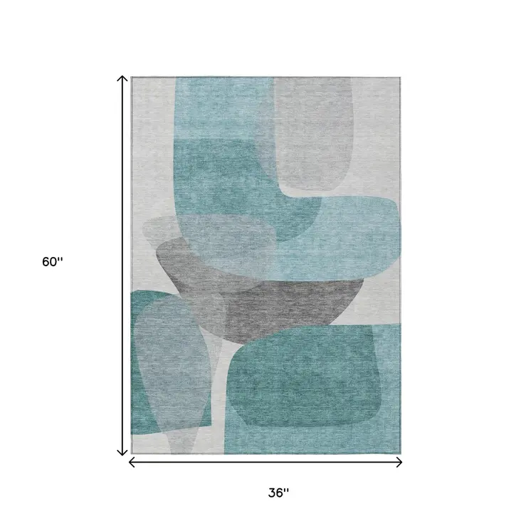3' X 5' Teal Blue And Gray Abstract Washable Indoor Outdoor Area Rug