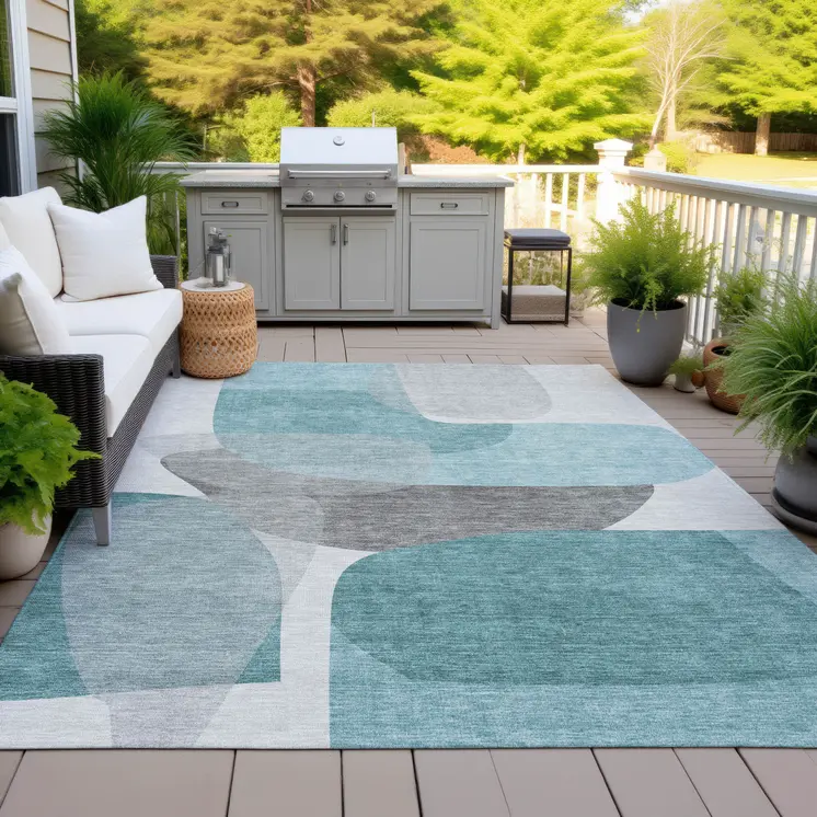 3' X 5' Teal Blue And Gray Abstract Washable Indoor Outdoor Area Rug