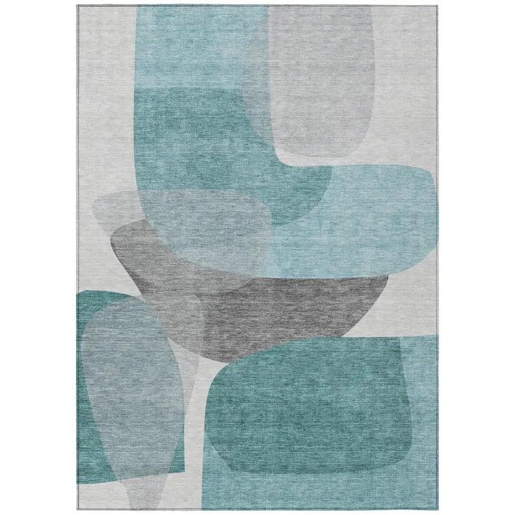 3' X 5' Teal Blue And Gray Abstract Washable Indoor Outdoor Area Rug