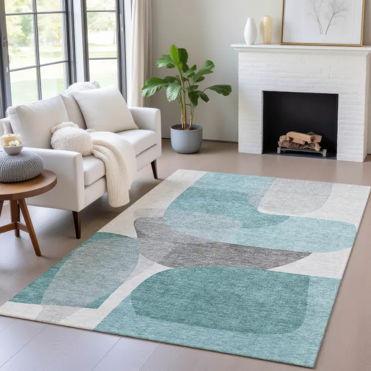 3' X 5' Teal Blue And Gray Abstract Washable Indoor Outdoor Area Rug