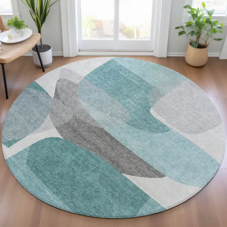 8' Teal Blue And Gray Round Abstract Washable Indoor Outdoor Area Rug