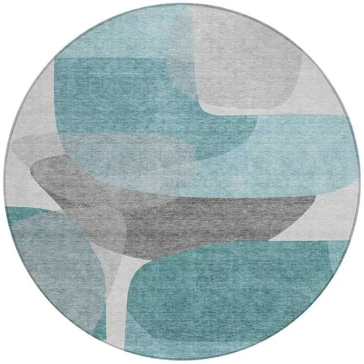 8' Teal Blue And Gray Round Abstract Washable Indoor Outdoor Area Rug