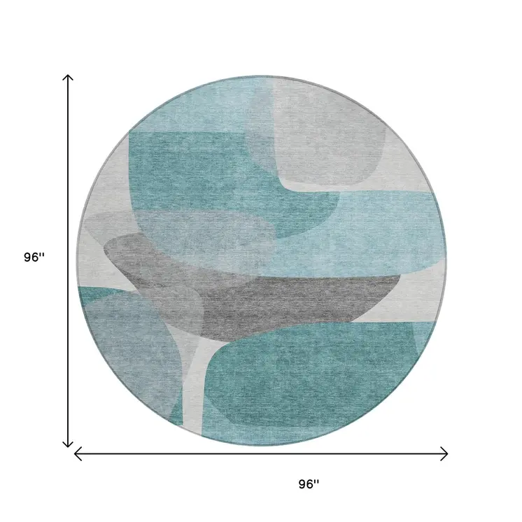 8' Teal Blue And Gray Round Abstract Washable Indoor Outdoor Area Rug