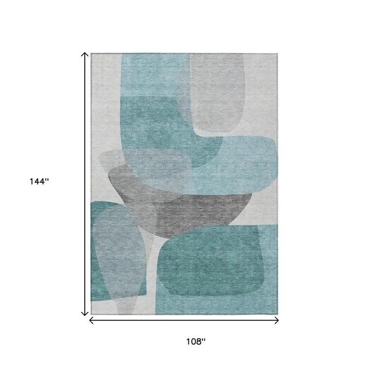 9' X 12' Teal Blue And Gray Abstract Washable Indoor Outdoor Area Rug