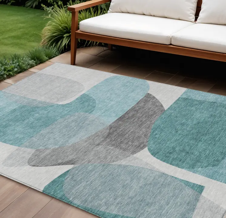 9' X 12' Teal Blue And Gray Abstract Washable Indoor Outdoor Area Rug
