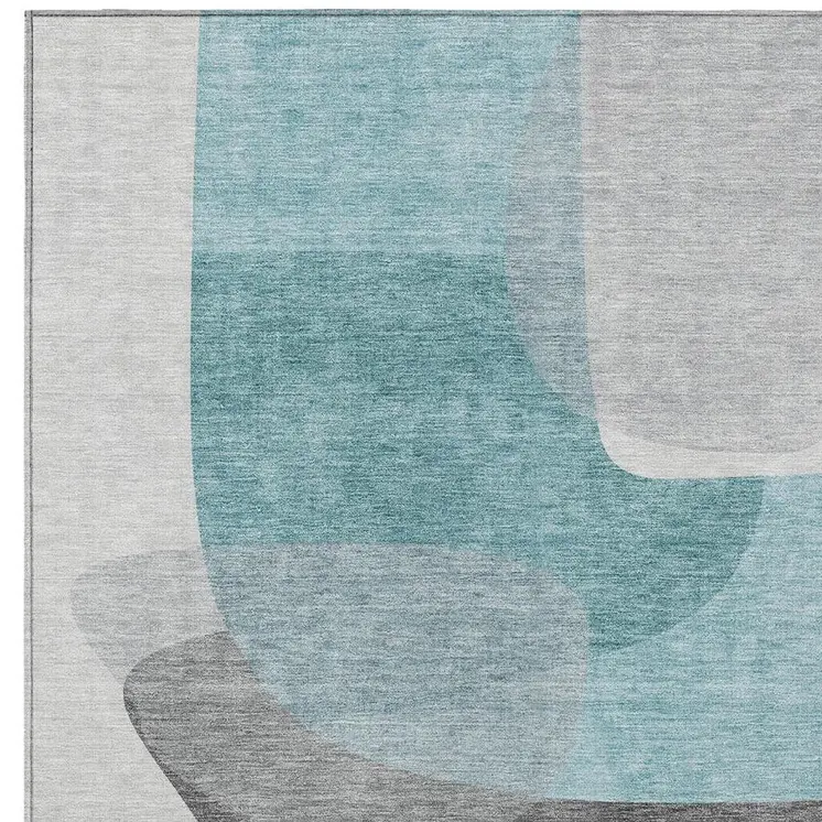 9' X 12' Teal Blue And Gray Abstract Washable Indoor Outdoor Area Rug