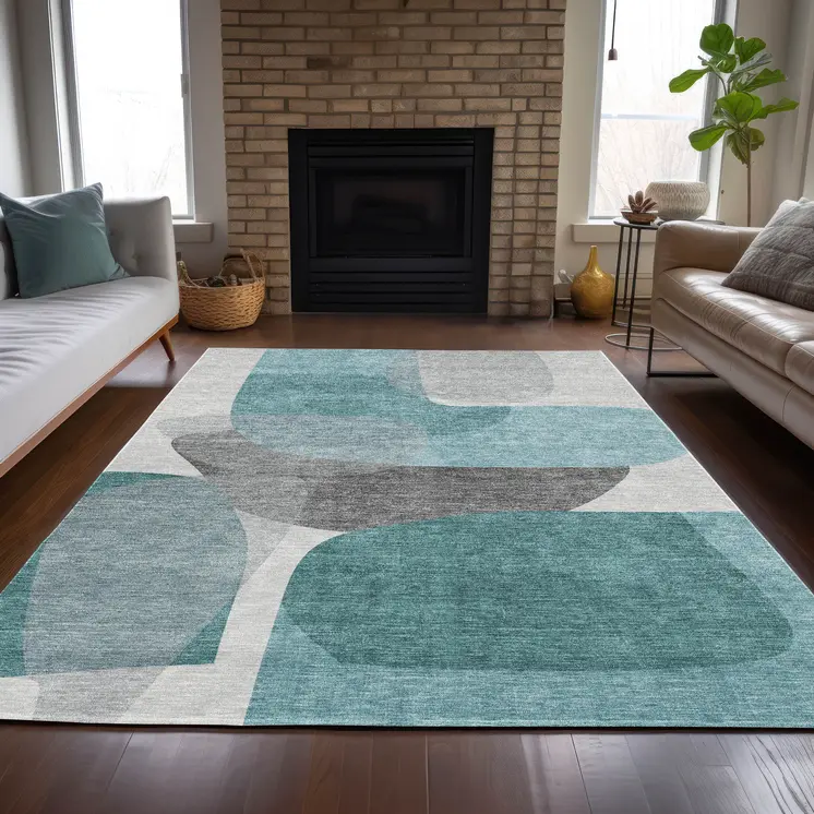 10' X 14' Teal Blue And Gray Abstract Washable Indoor Outdoor Area Rug