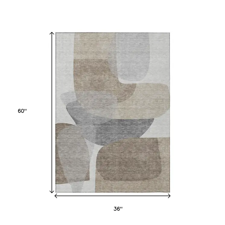 3' X 5' Taupe And Gray Abstract Washable Indoor Outdoor Area Rug