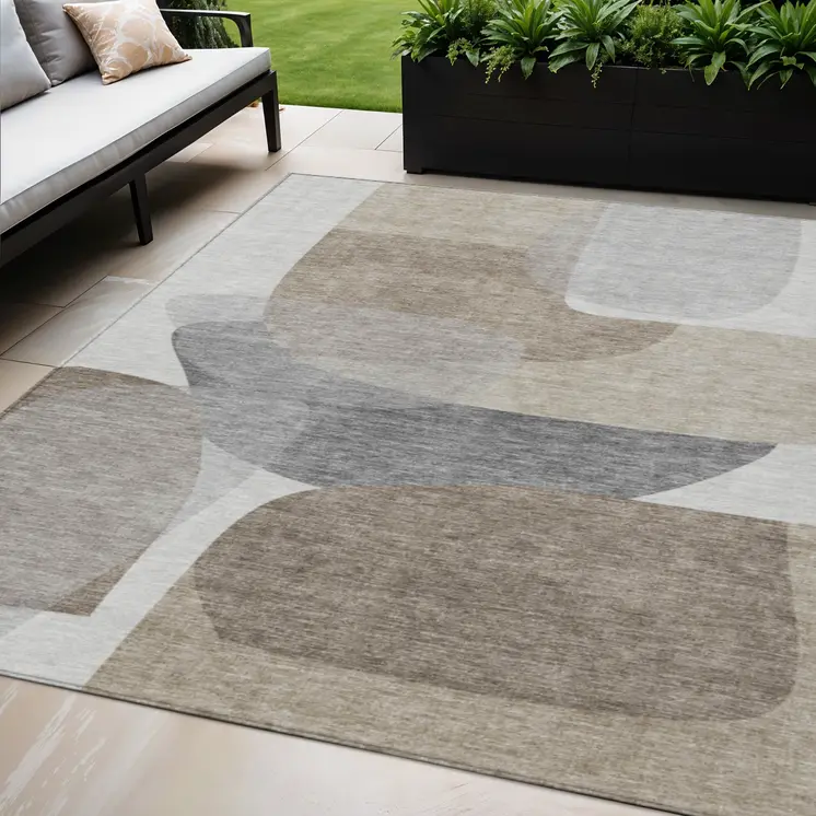 5' X 8' Taupe And Gray Abstract Washable Indoor Outdoor Area Rug