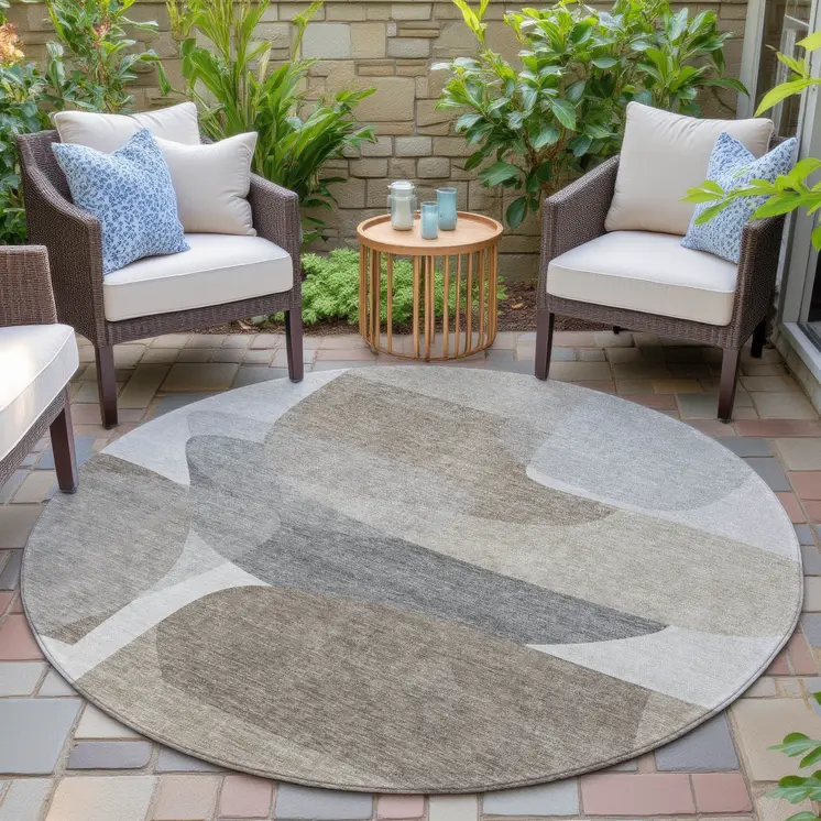 8' Taupe And Gray Round Abstract Washable Indoor Outdoor Area Rug