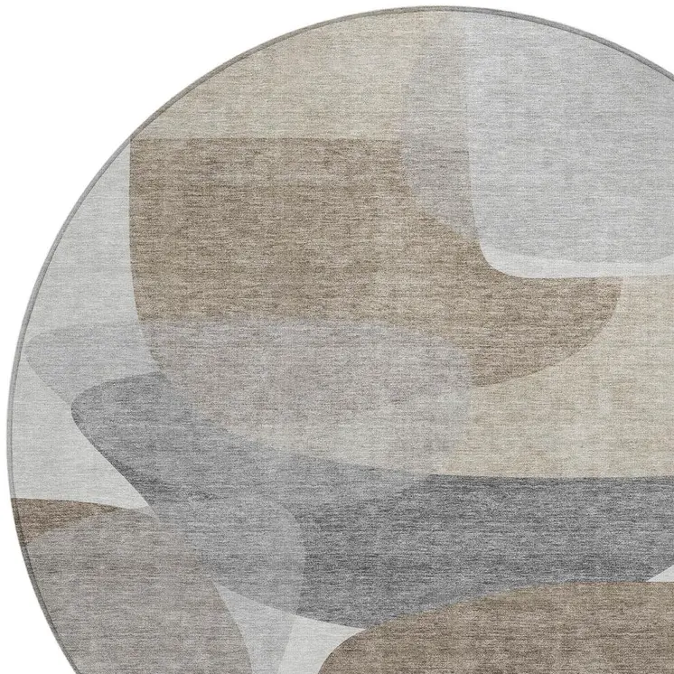 8' Taupe And Gray Round Abstract Washable Indoor Outdoor Area Rug