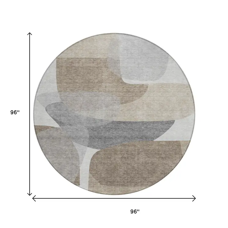8' Taupe And Gray Round Abstract Washable Indoor Outdoor Area Rug