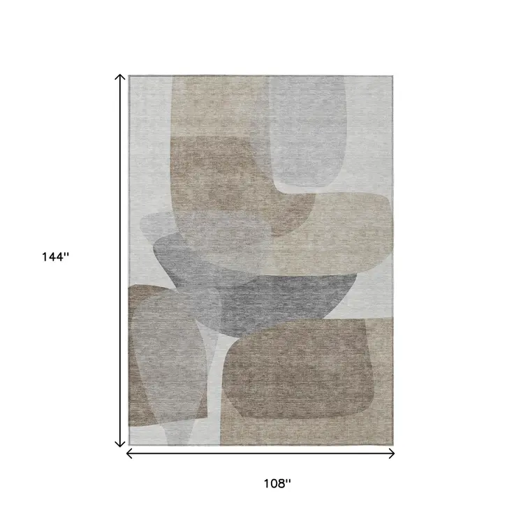 9' X 12' Taupe And Gray Abstract Washable Indoor Outdoor Area Rug