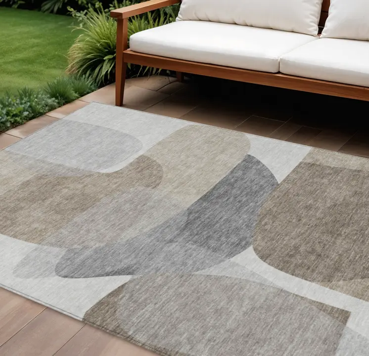 9' X 12' Taupe And Gray Abstract Washable Indoor Outdoor Area Rug