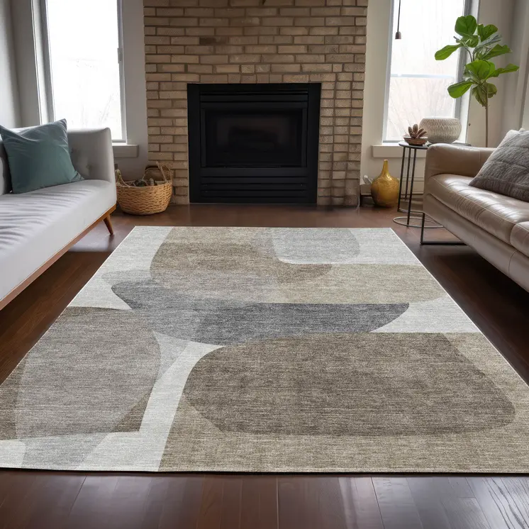 10' X 14' Taupe And Gray Abstract Washable Indoor Outdoor Area Rug
