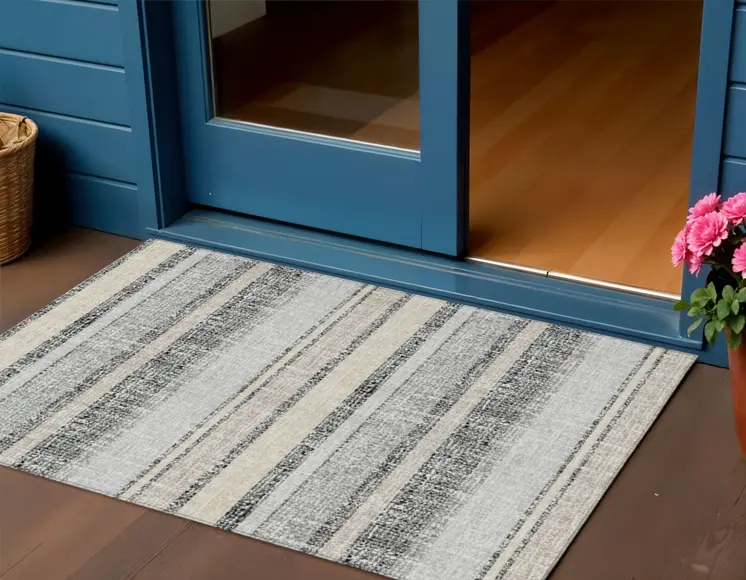 3' X 5' Black And Silver Striped Washable Indoor Outdoor Area Rug