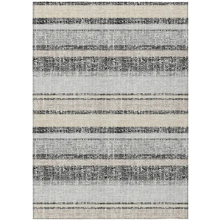 3' X 5' Black And Silver Striped Washable Indoor Outdoor Area Rug