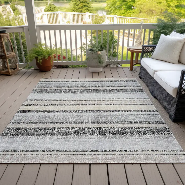3' X 5' Black And Silver Striped Washable Indoor Outdoor Area Rug