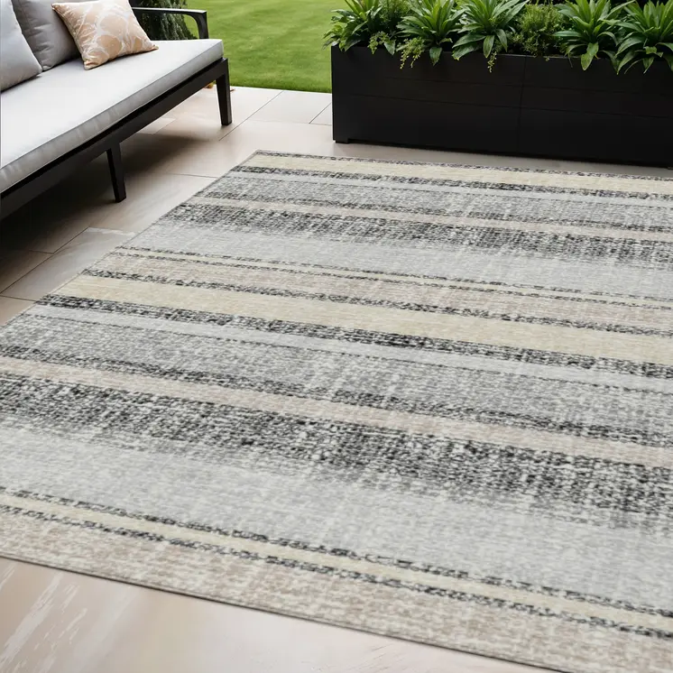 5' X 8' Black And Silver Striped Washable Indoor Outdoor Area Rug