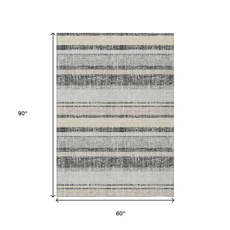 5' X 8' Black And Silver Striped Washable Indoor Outdoor Area Rug