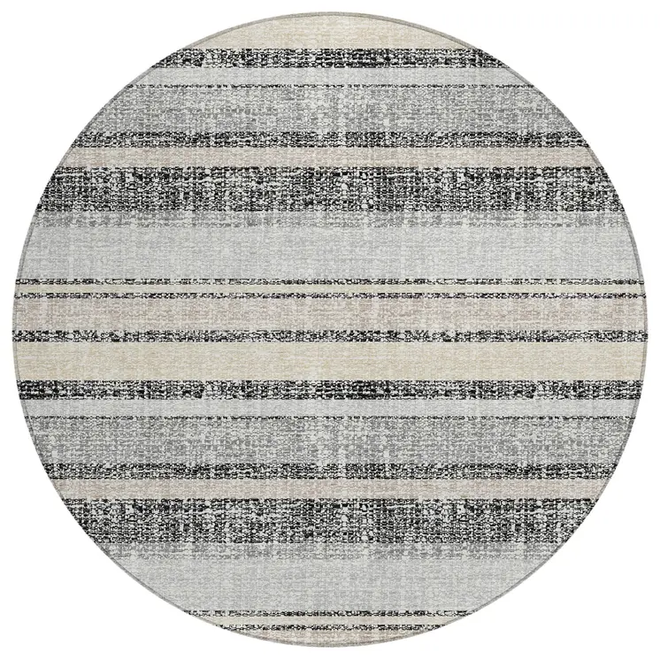 8' Black And Silver Round Striped Washable Indoor Outdoor Area Rug