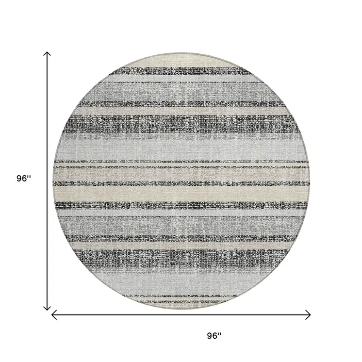 8' Black And Silver Round Striped Washable Indoor Outdoor Area Rug