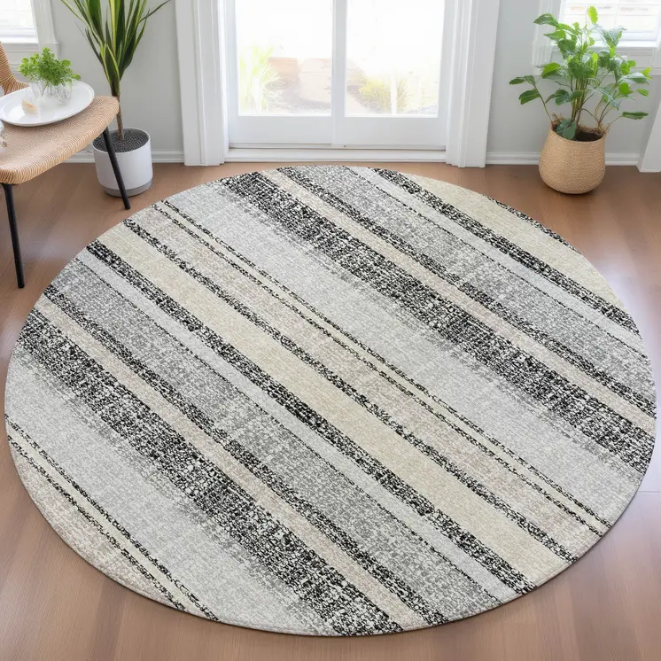 8' Black And Silver Round Striped Washable Indoor Outdoor Area Rug