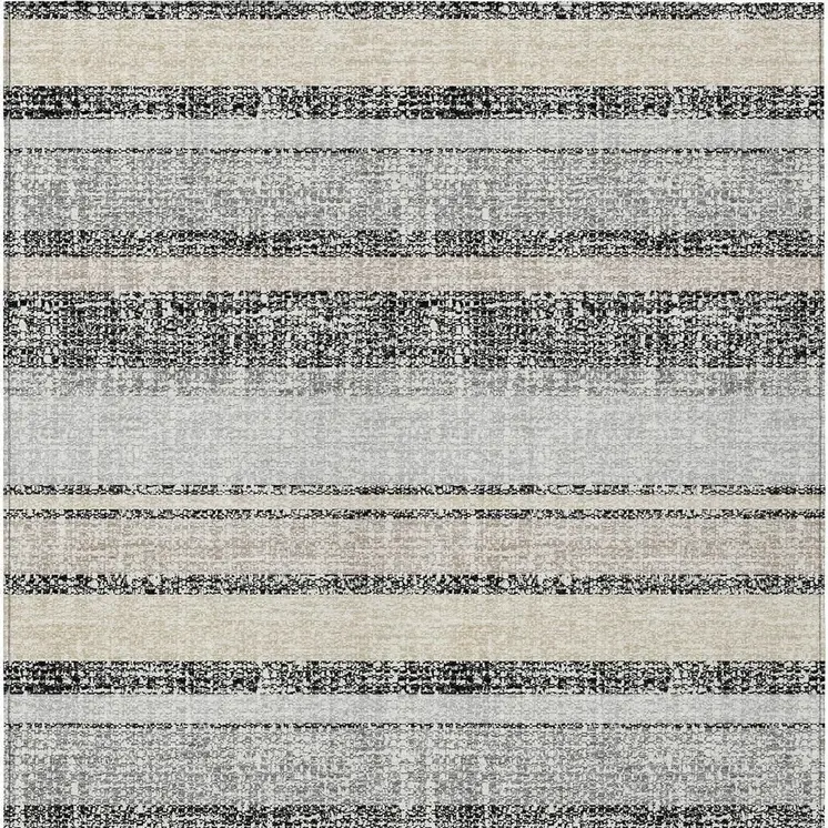 8' X 10' Black And Silver Striped Washable Indoor Outdoor Area Rug