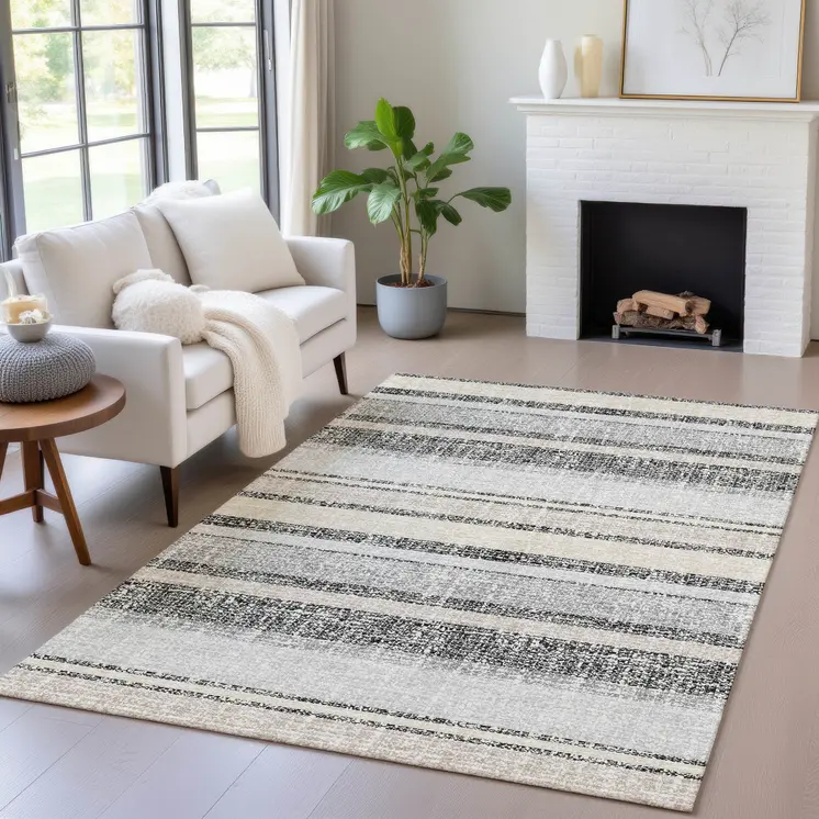8' X 10' Black And Silver Striped Washable Indoor Outdoor Area Rug