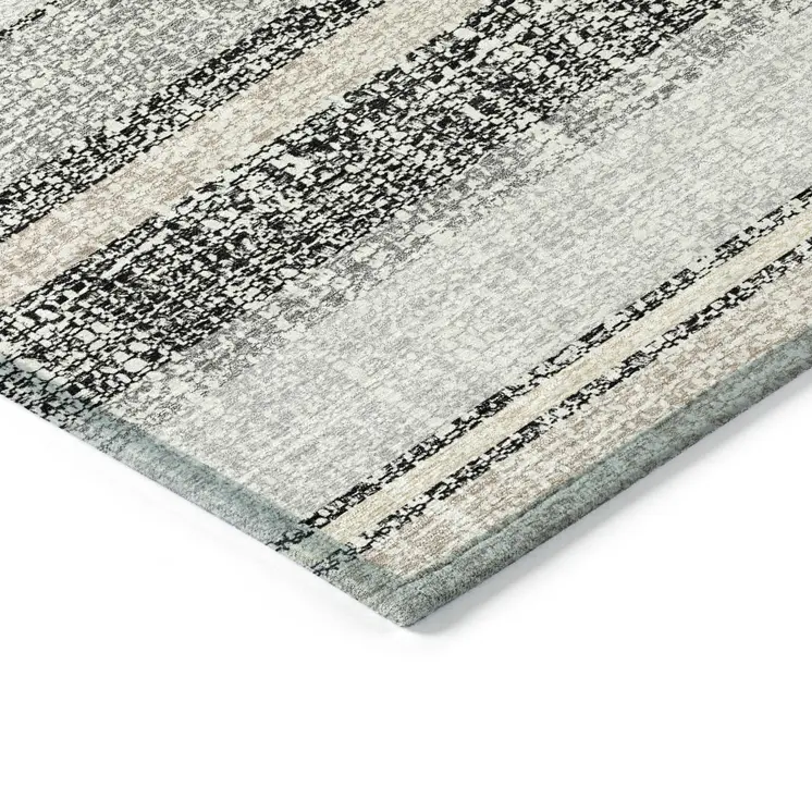 9' X 12' Black And Silver Striped Washable Indoor Outdoor Area Rug