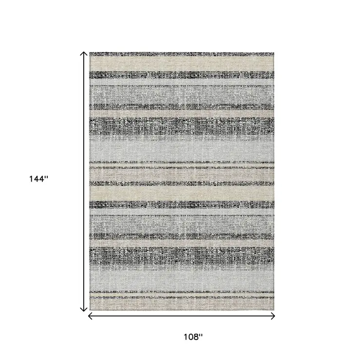 9' X 12' Black And Silver Striped Washable Indoor Outdoor Area Rug