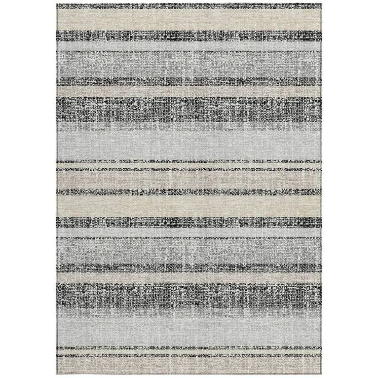 10' X 14' Black And Silver Striped Washable Indoor Outdoor Area Rug