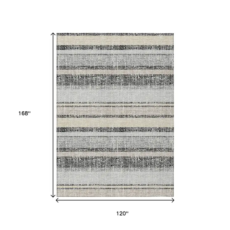 10' X 14' Black And Silver Striped Washable Indoor Outdoor Area Rug
