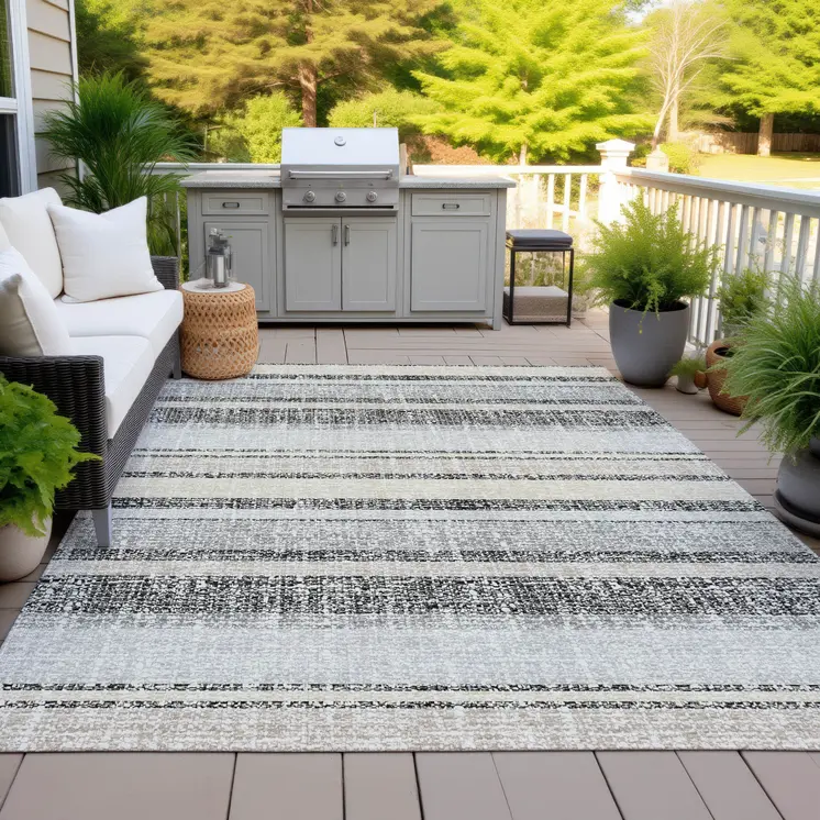 10' X 14' Black And Silver Striped Washable Indoor Outdoor Area Rug