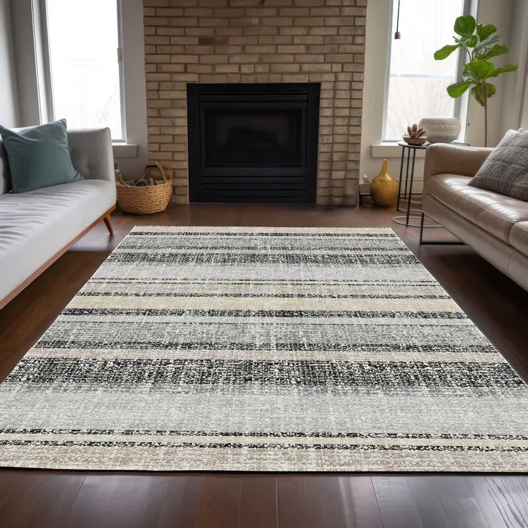 10' X 14' Black And Silver Striped Washable Indoor Outdoor Area Rug