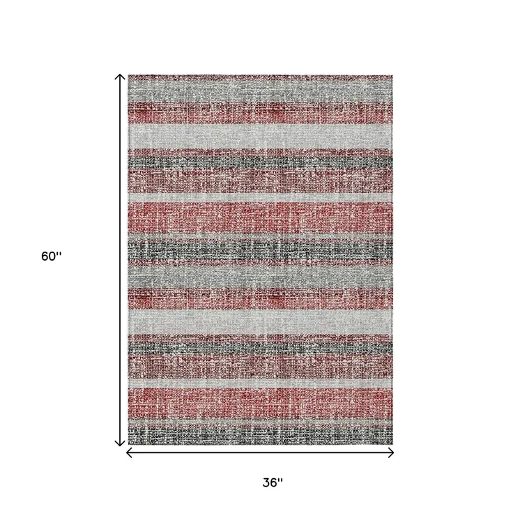 3' X 5' Burgundy And Silver Striped Washable Indoor Outdoor Area Rug