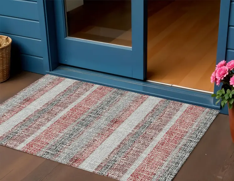 3' X 5' Burgundy And Silver Striped Washable Indoor Outdoor Area Rug