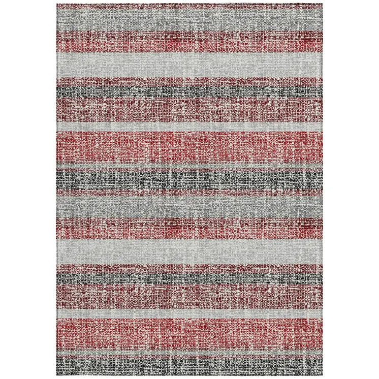 5' X 8' Burgundy And Silver Striped Washable Indoor Outdoor Area Rug