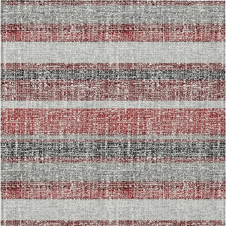 5' X 8' Burgundy And Silver Striped Washable Indoor Outdoor Area Rug